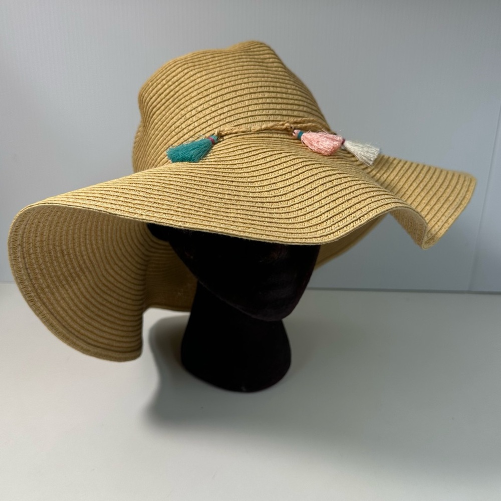 C.C Exclusives Stylish Tan Wide-Brim Hat colorful Tassel Accents Beach Vacation